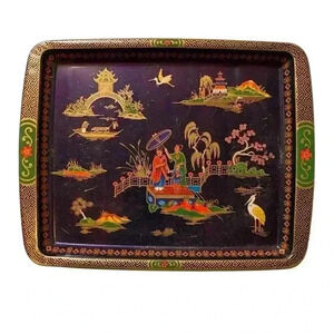 Vintage Daher Decorated Ware Tray Asian Blue/Gold Mid Century Made in England